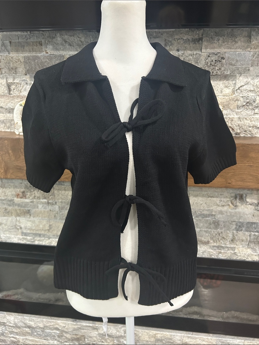 Double Zero Black Ribbed open Knit Top with Tie Detail NWOT size Medium